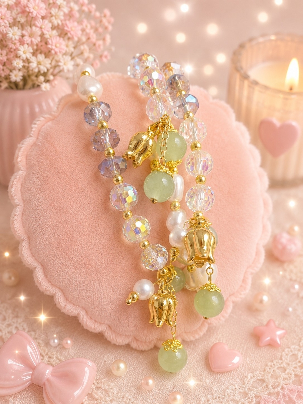 Gold Charm Beaded Bracelet Set with Pearls & Green Gem Drops